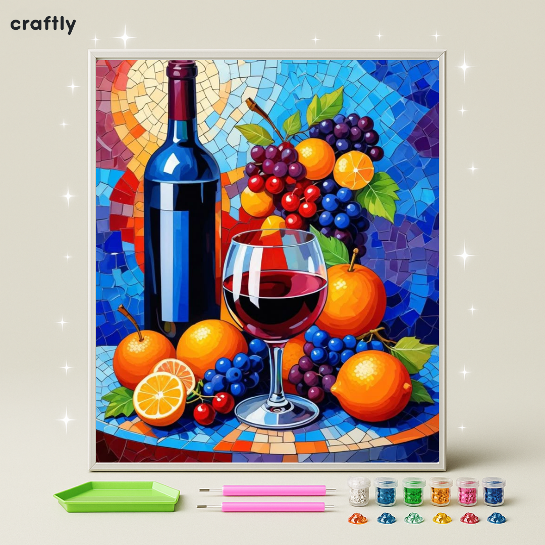 ציור יהלומים - יין ופירות
