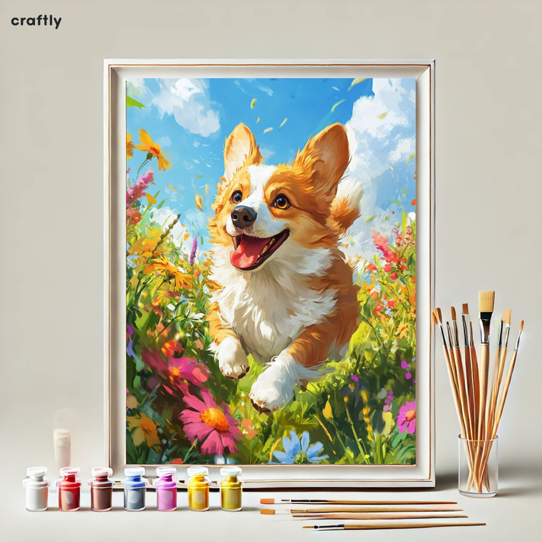 צביעה לפי מספרים - ציור כלב בפריחה