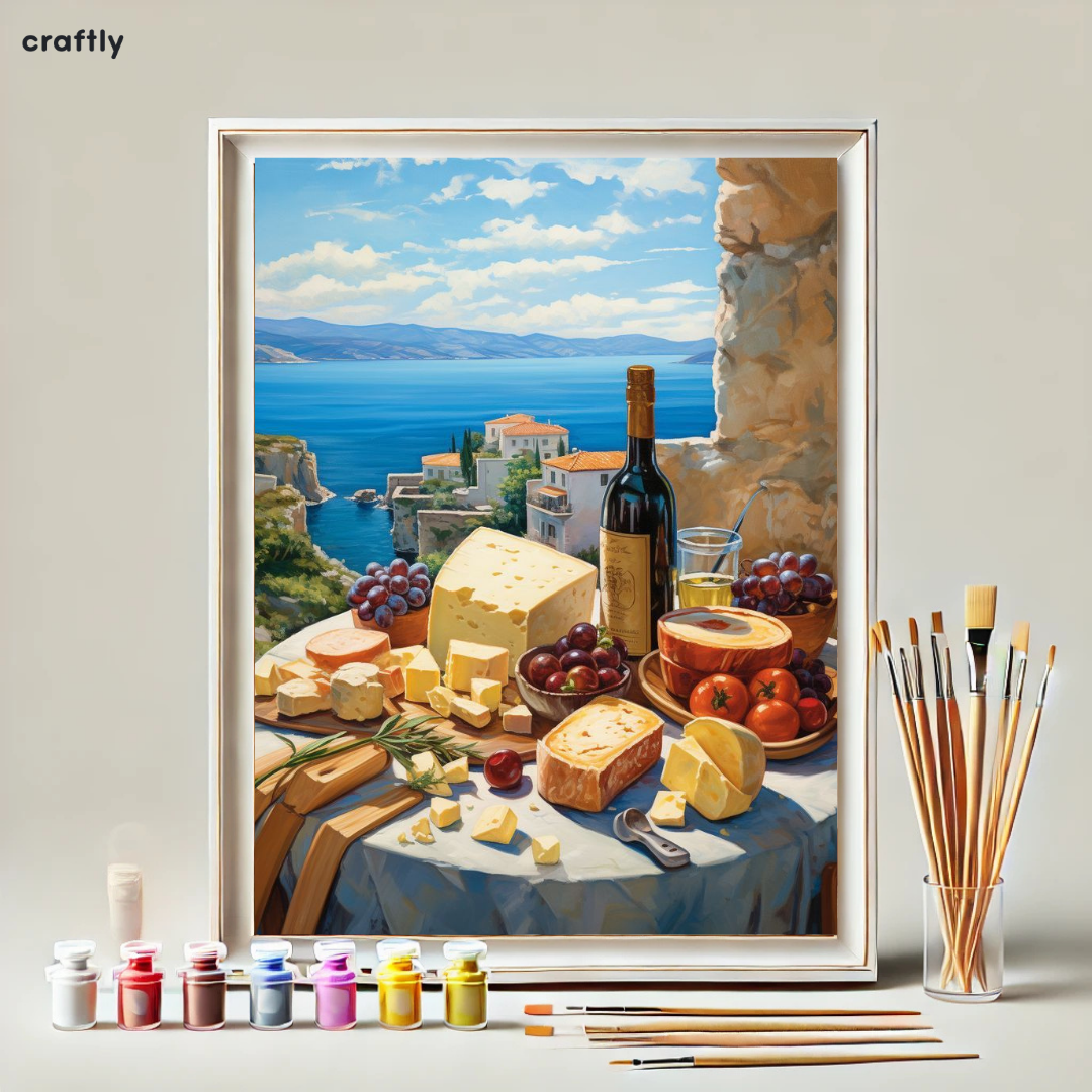 צביעה לפי מספרים - ציור טוסקנה עם גבינות ויין