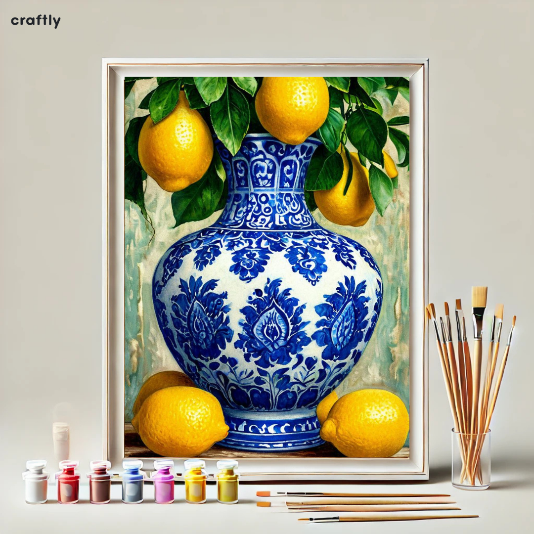 צביעה לפי מספרים - ציור לימונים בכד