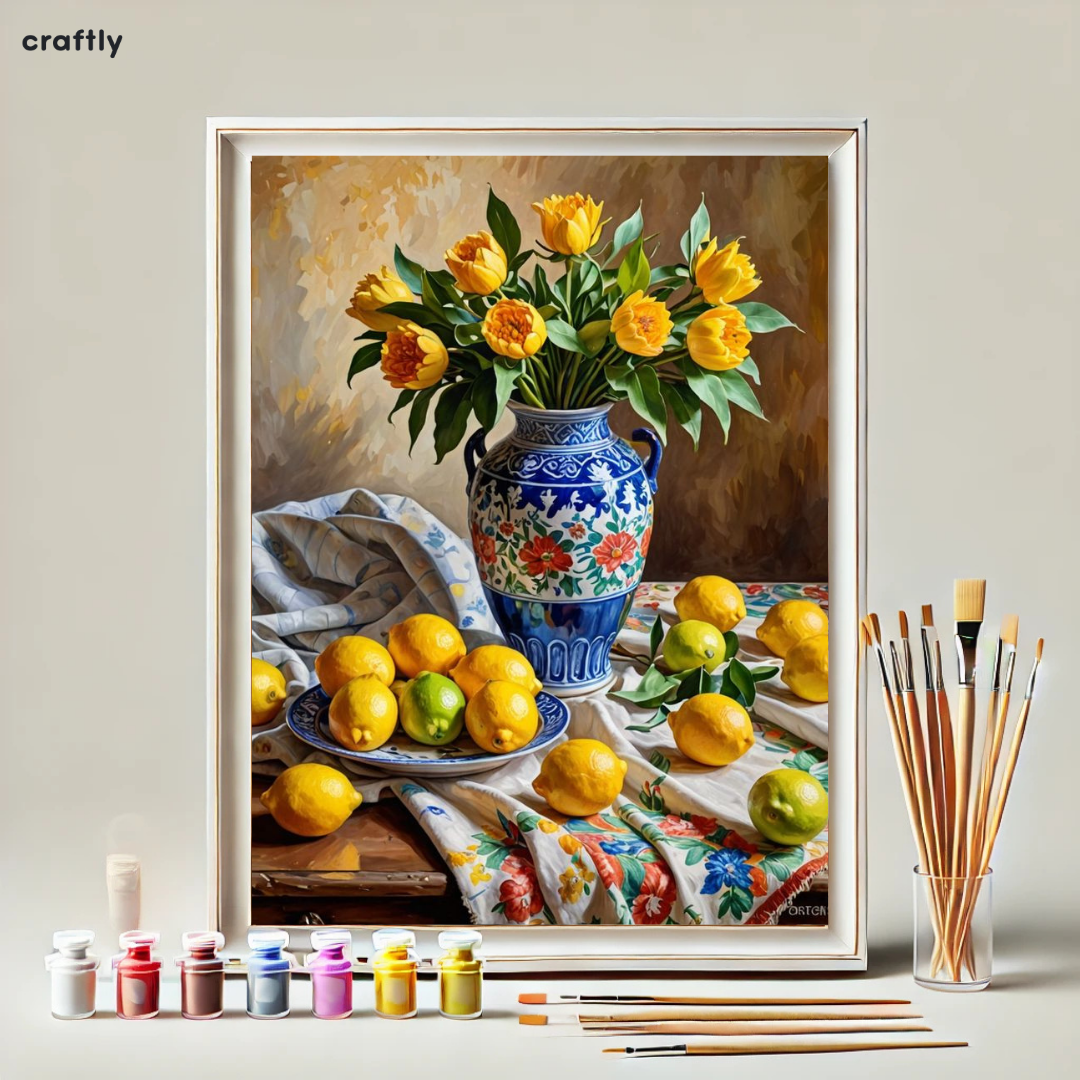 צביעה לפי מספרים - ציור אגרטל לימונים ופרחים