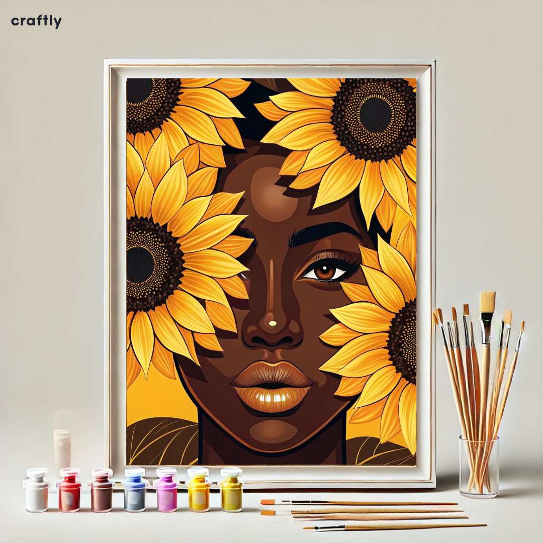 צביעה לפי מספרים - ציור אישה ושמש חמניות