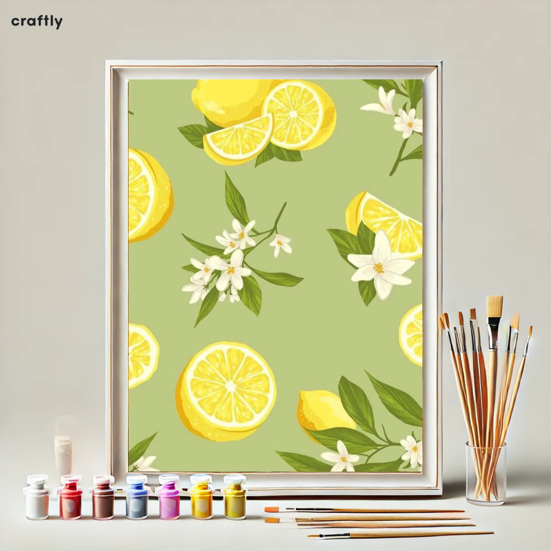 צביעה לפי מספרים - ציור לימונים ופרחים על רקע ירוק