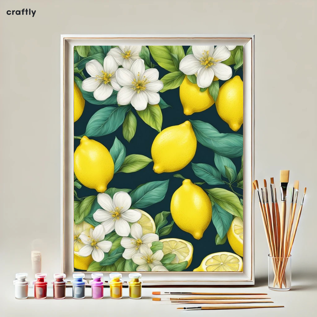 צביעה לפי מספרים - ציור לימונים ופרחים לבנים