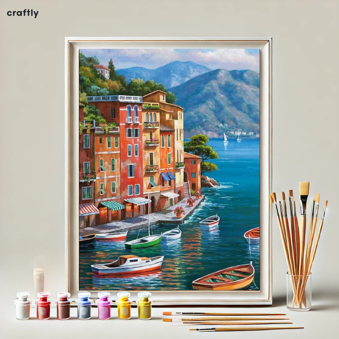 צביעה לפי מספרים - ציור עיירת חוף צבעונית