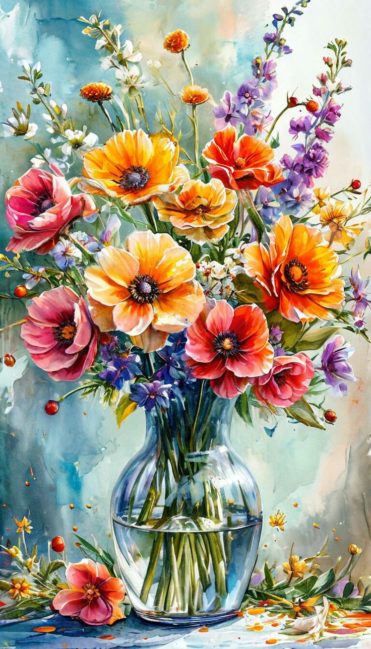 צביעה לפי מספרים – ציור זר פרחים צבעוני באגרטל זכוכית