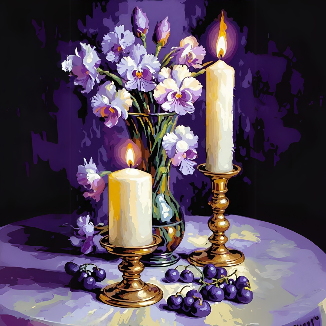 צביעה לפי מספרים – נרות ופרחים סגולים