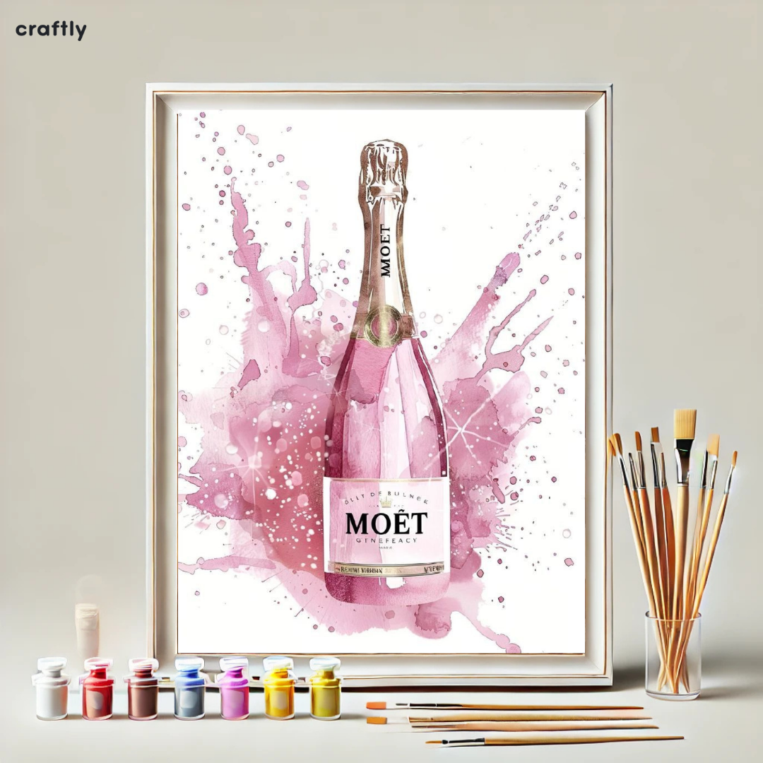 צביעה לפי מספרים - ציור בקבוק שמפניה ורוד