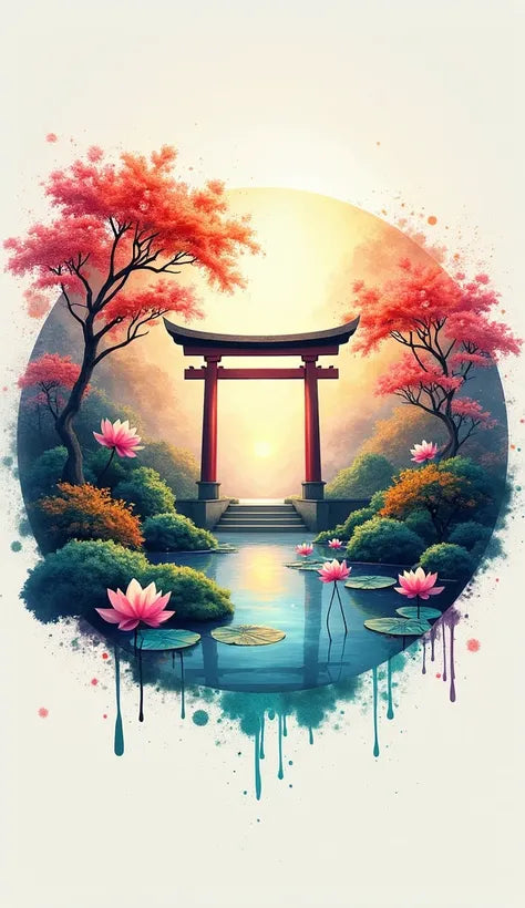 צביעה לפי מספרים - ציור שער יפני ואגם לוטוסים