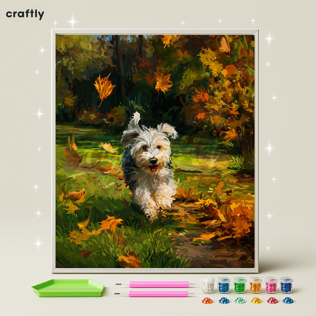 ציור יהלומים - כלב בסתיו