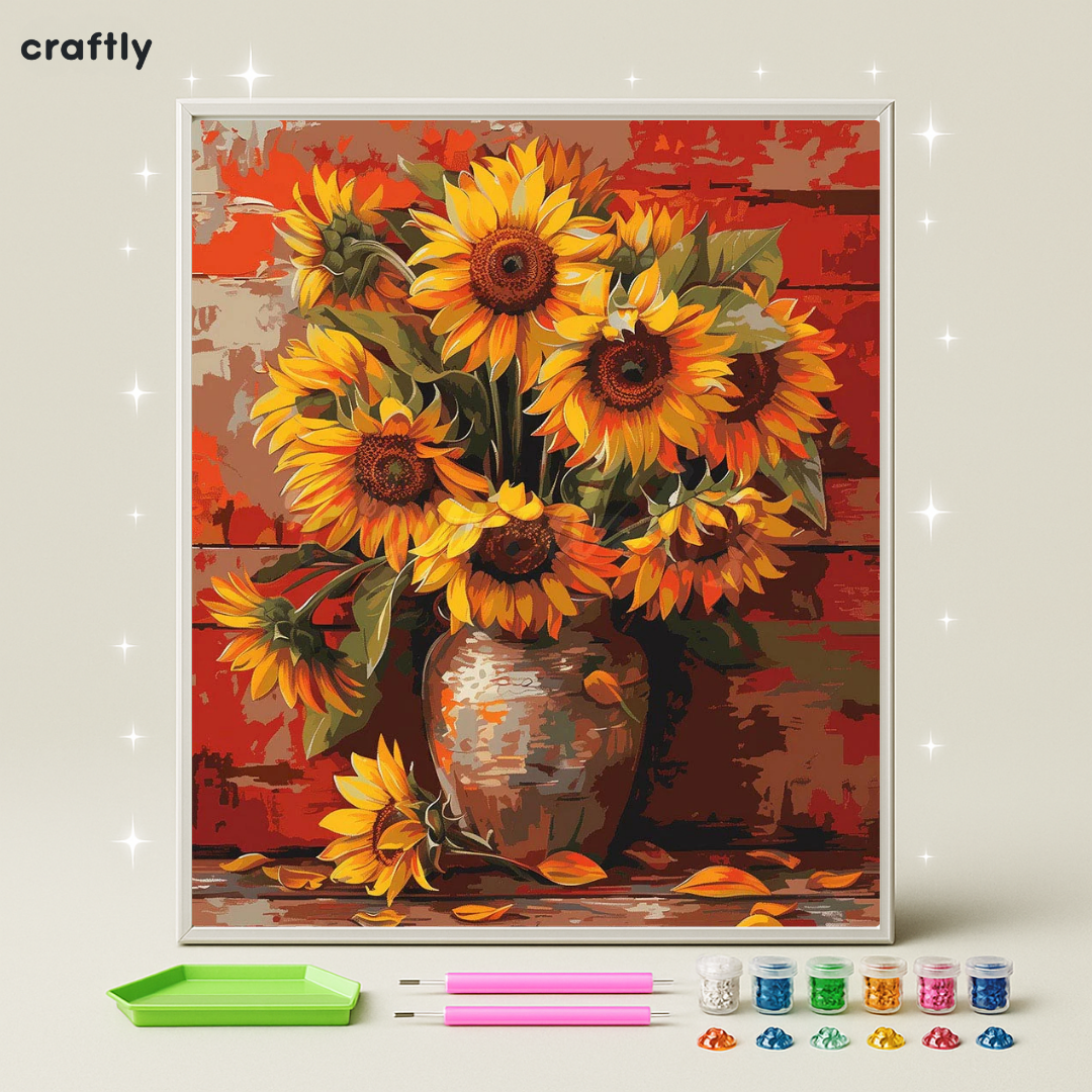 ציור יהלומים - זר חמניות בכד