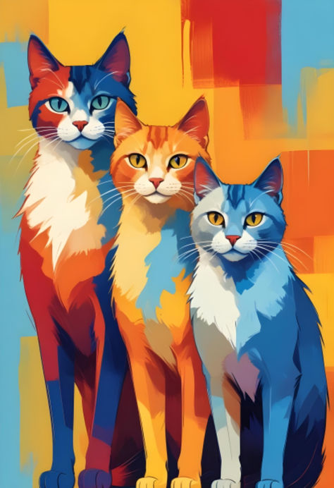 צביעה לפי מספרים - ציור שלושה חתולים בצבעים עזים