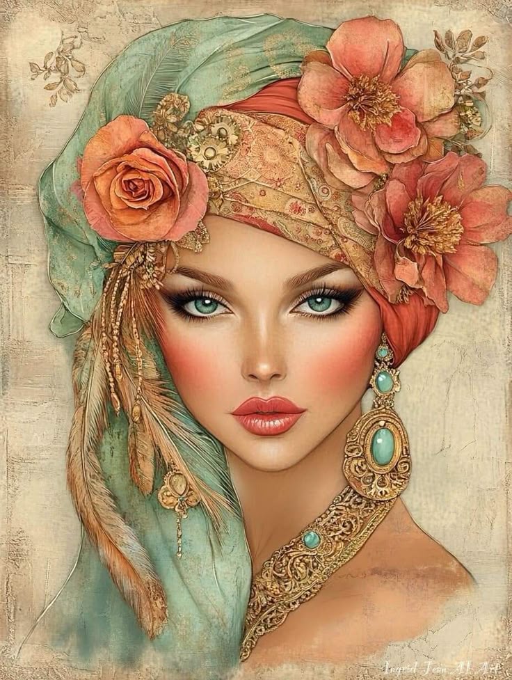 צביעה לפי מספרים – ציור אישה עם צעיף ופרחים