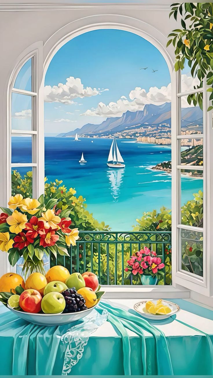 צביעה לפי מספרים - ציור נוף חלון לים