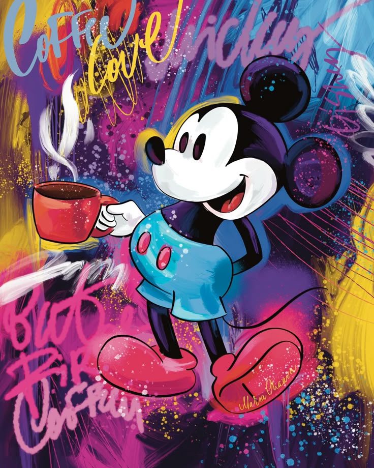 צביעה לפי מספרים - ציור מיקי מאוס עם קפה