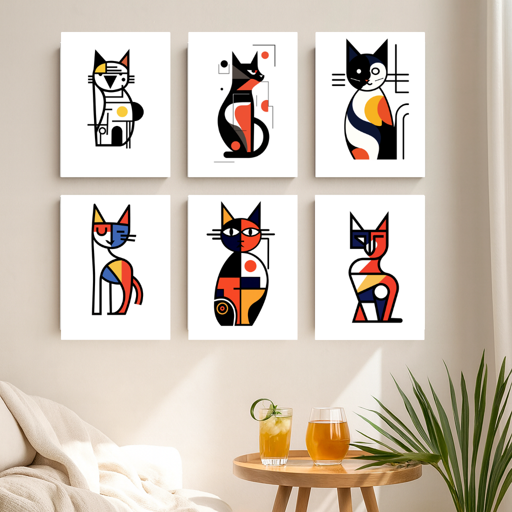 קיט מיני – מארז 6 ציורים חתולים בסגנון גיאומטרי