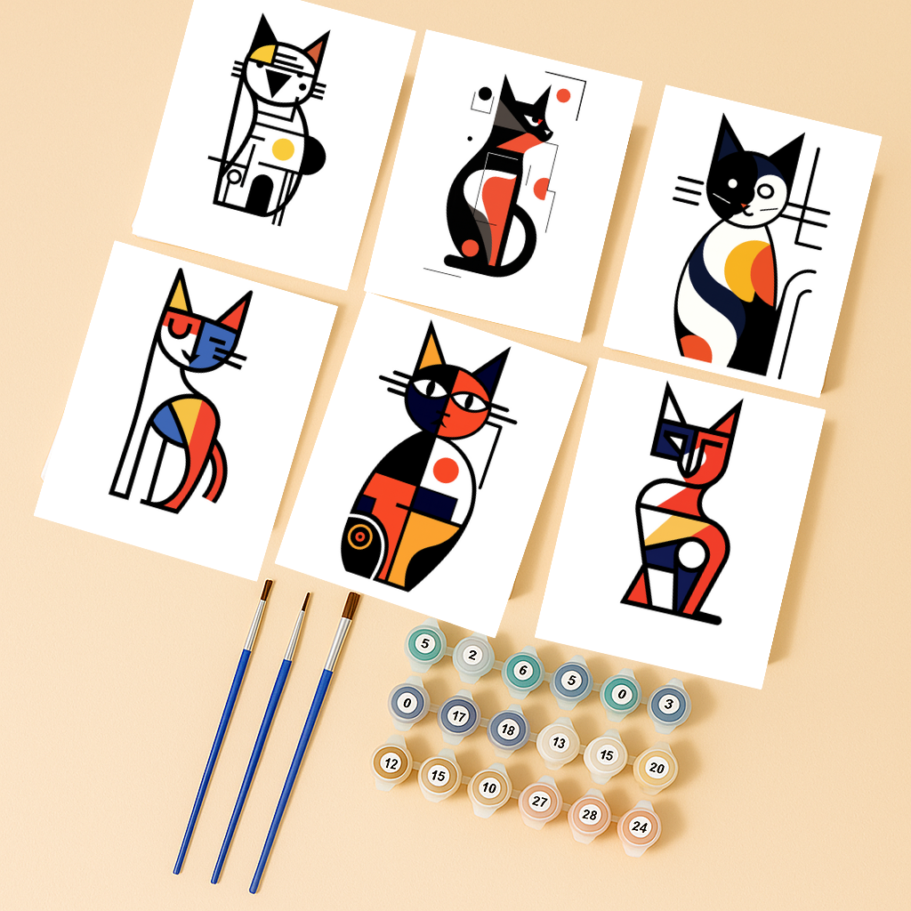 קיט מיני – מארז 6 ציורים חתולים בסגנון גיאומטרי