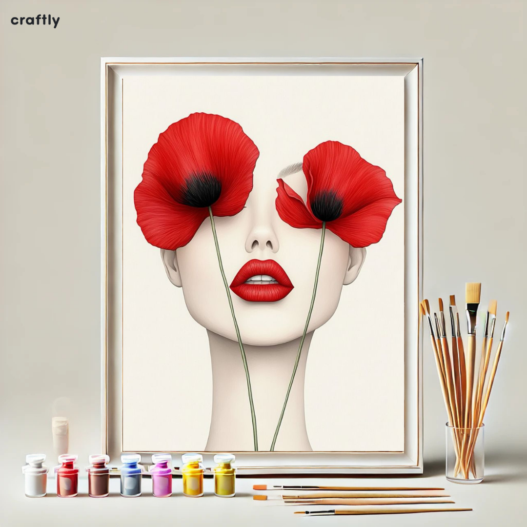 צביעה לפי מספרים - ציור אישה עם פרחים אדומים