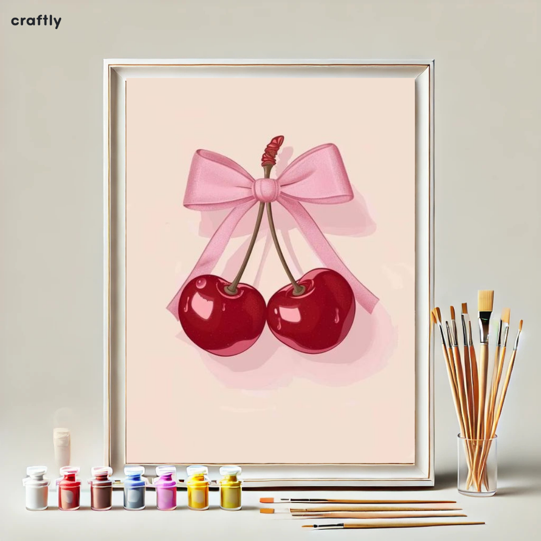 צביעה לפי מספרים - דובדבנים עם סרט ורוד