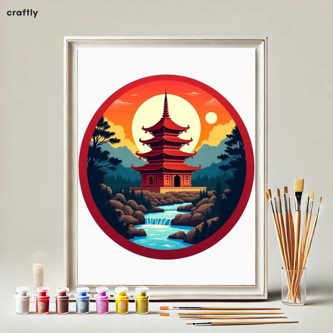 צביעה לפי מספרים - ציור פגודה עם שמש עגולה