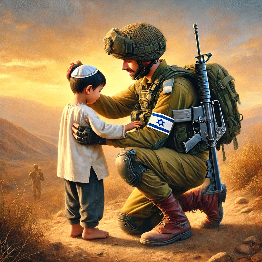 צביעה לפי מספרים - חייל כורע ברך מול ילד קטן