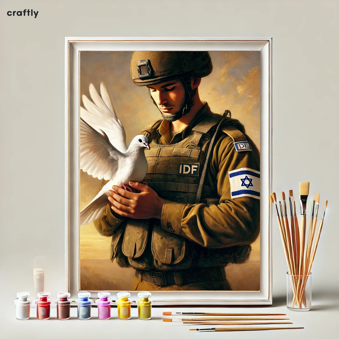 צביעה לפי מספרים - חייל אוחז ביונה לבנה כסמל לשלום