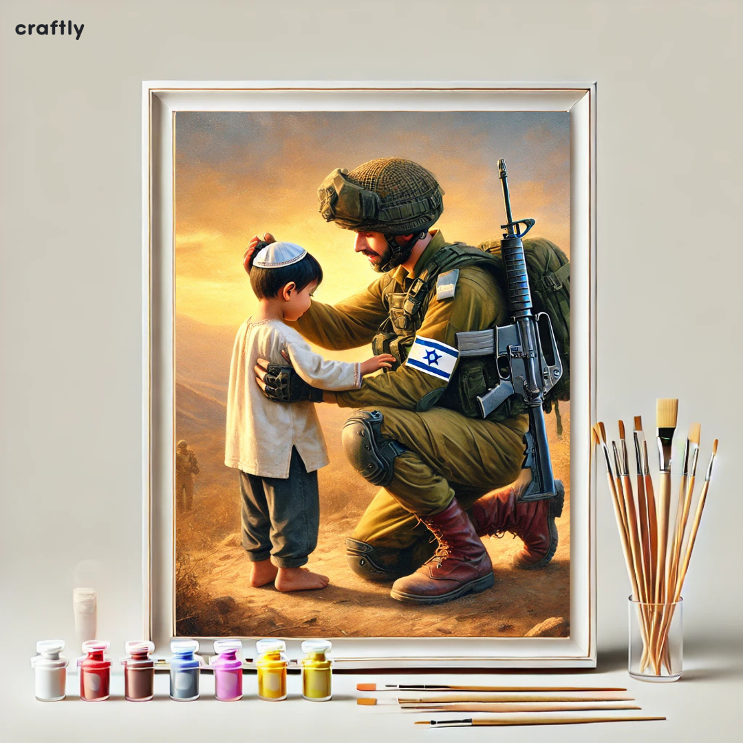 צביעה לפי מספרים - חייל כורע ברך מול ילד קטן