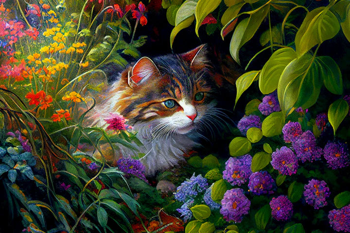 ציור יהלומים – חתול בגינה פורחת
