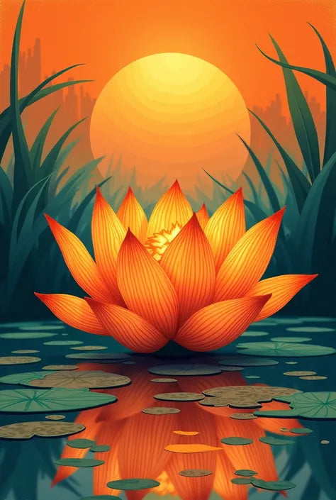 צביעה לפי מספרים - ציור לוטוס כתום באגם