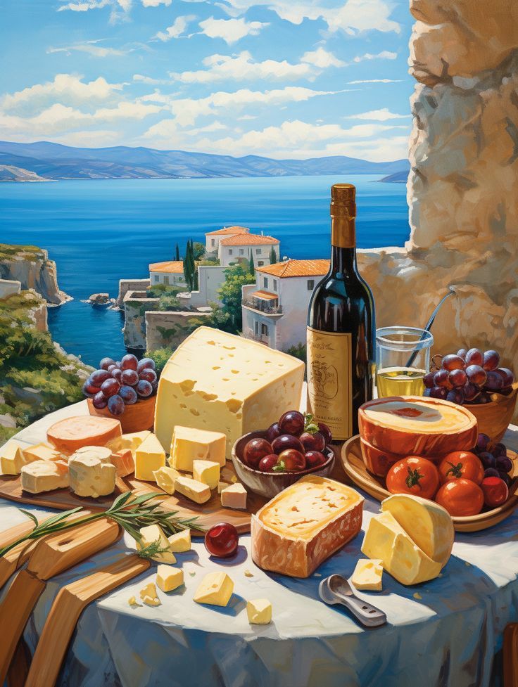 צביעה לפי מספרים - ציור טוסקנה עם גבינות ויין