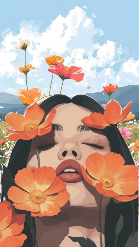 צביעה לפי מספרים - פורטרט עם פרחים כתומים