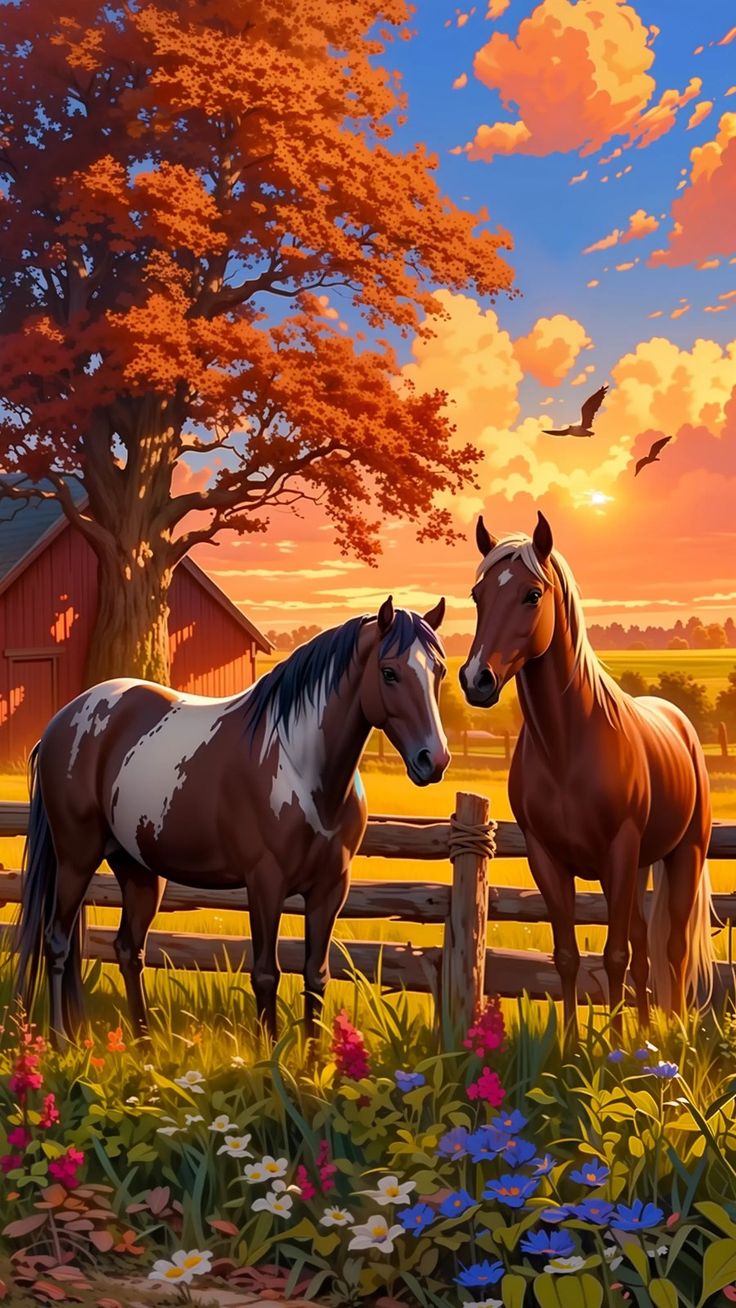 צביעה לפי מספרים – ציור שני סוסים בחווה בשקיעה