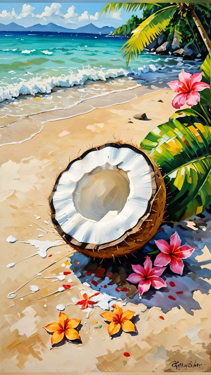 צביעה לפי מספרים – ציור חוף טרופי עם קוקוס ופרחים אקזוטיים