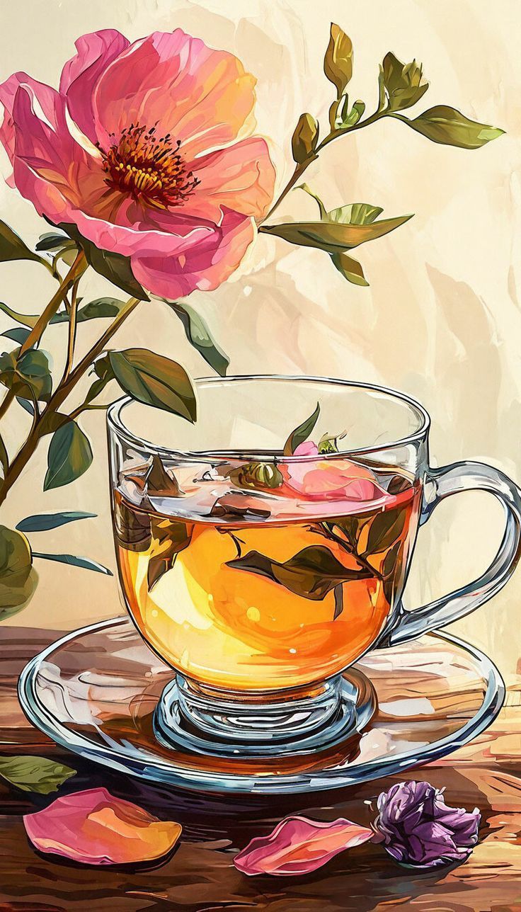 צביעה לפי מספרים - ציור תה פרחים בכוס זכוכית