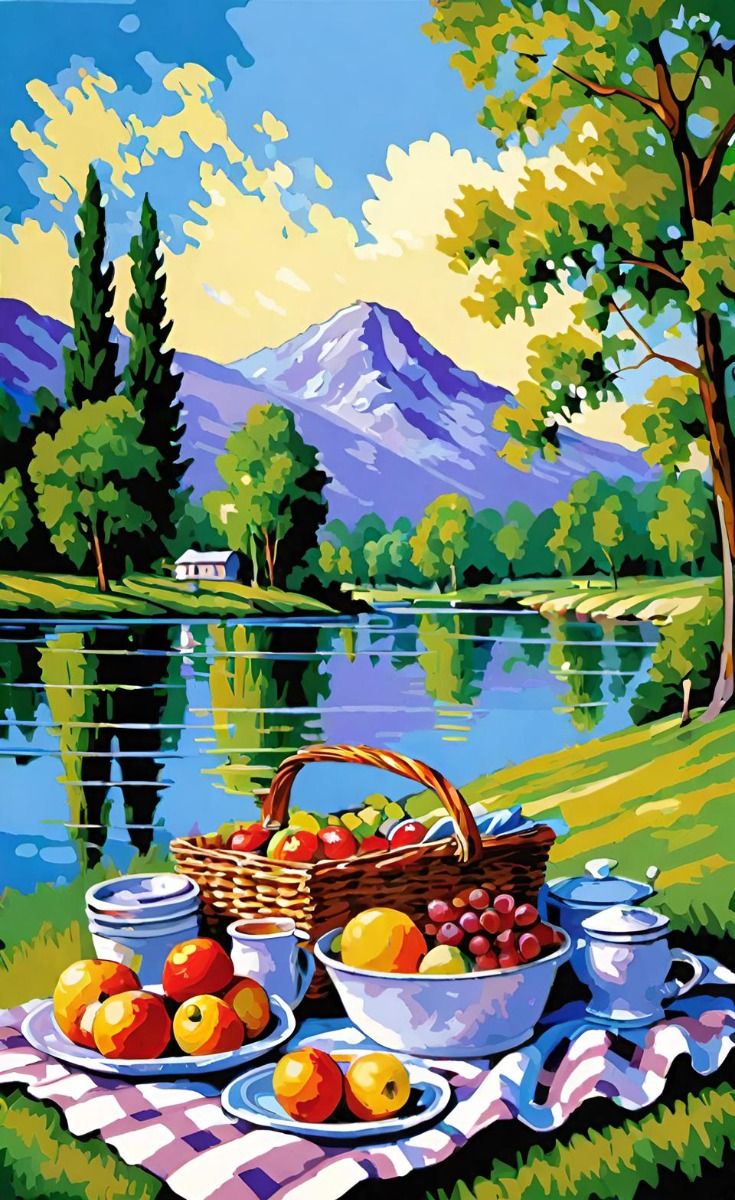 צביעה לפי מספרים - ציור פיקניק בטבע ליד אגם