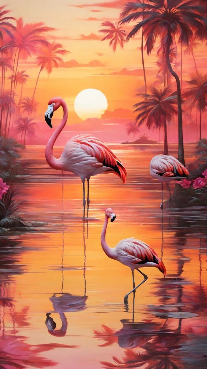 צביעה לפי מספרים - ציור פלמינגו בזריחה טרופית