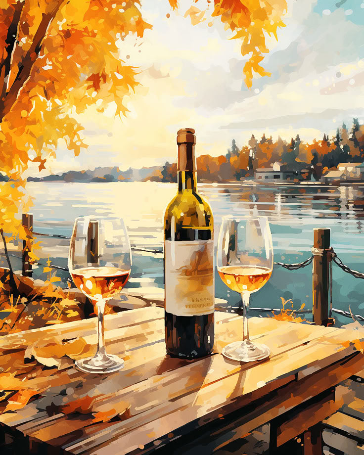 צביעה לפי מספרים - ציור יין מול אגם שליו