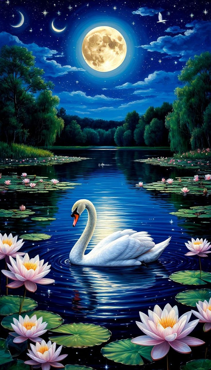 ציור יהלומים - ברבור בליל ירח