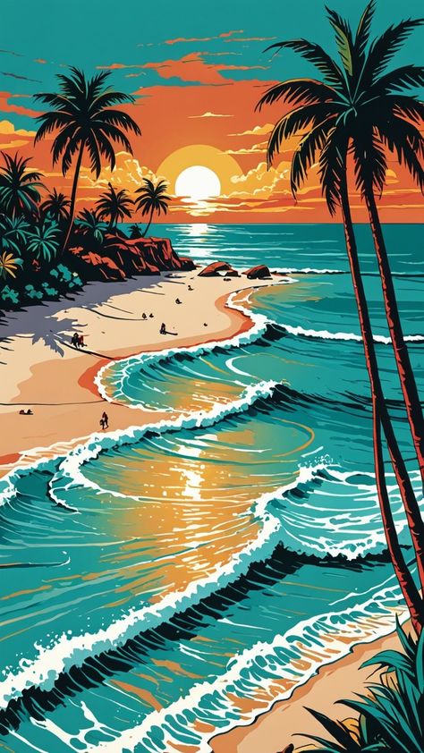 צביעה לפי מספרים – ציור חוף גלים ושקיעה טרופית