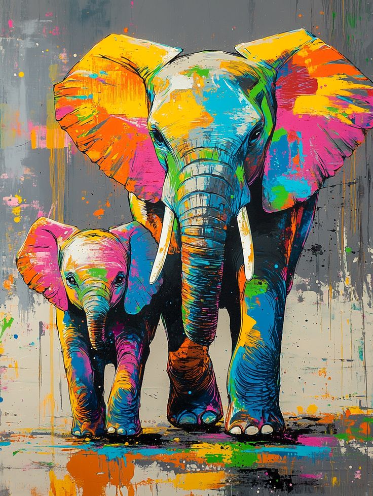 צביעה לפי מספרים - ציור פילים צבעוניים