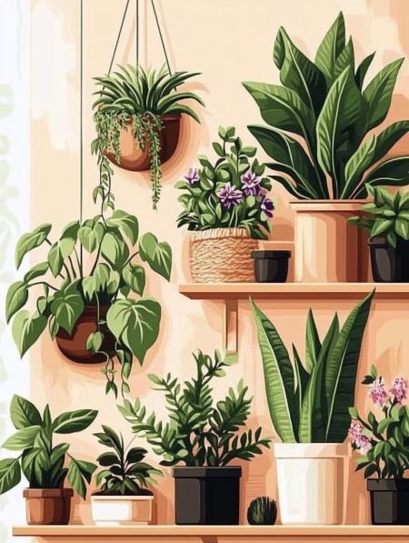 צביעה לפי מספרים - ציור גן בית מלא צמחים