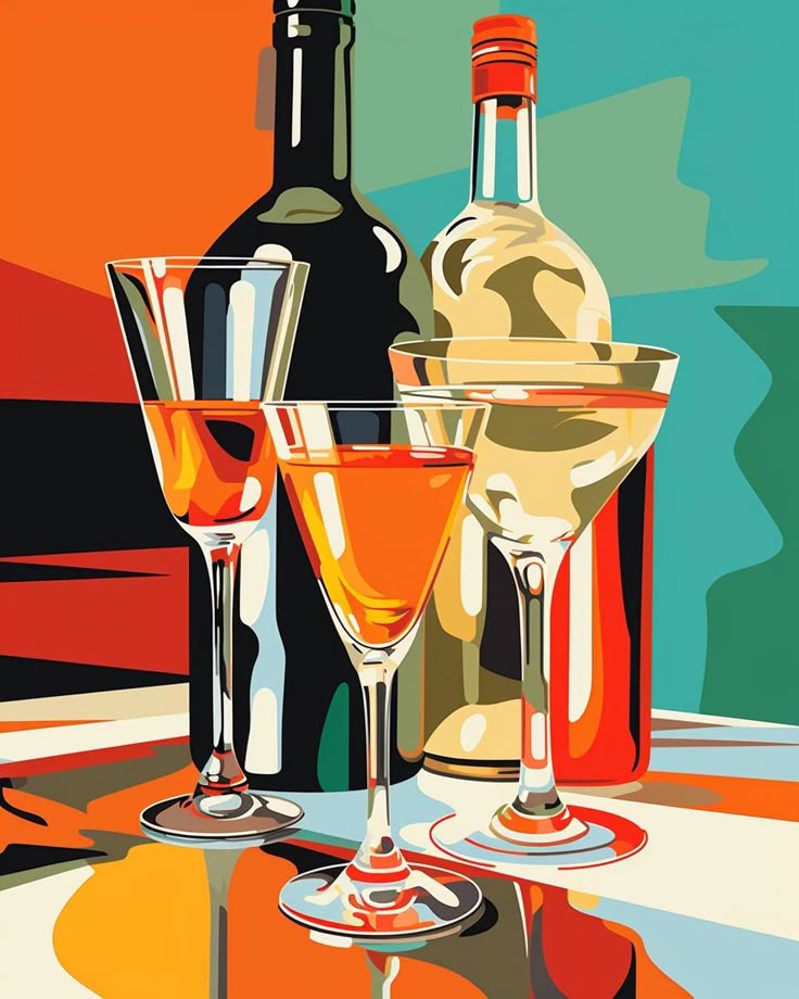 צביעה לפי מספרים - ציור של בקבוקי אלכוהול וכוסות צבעוניות