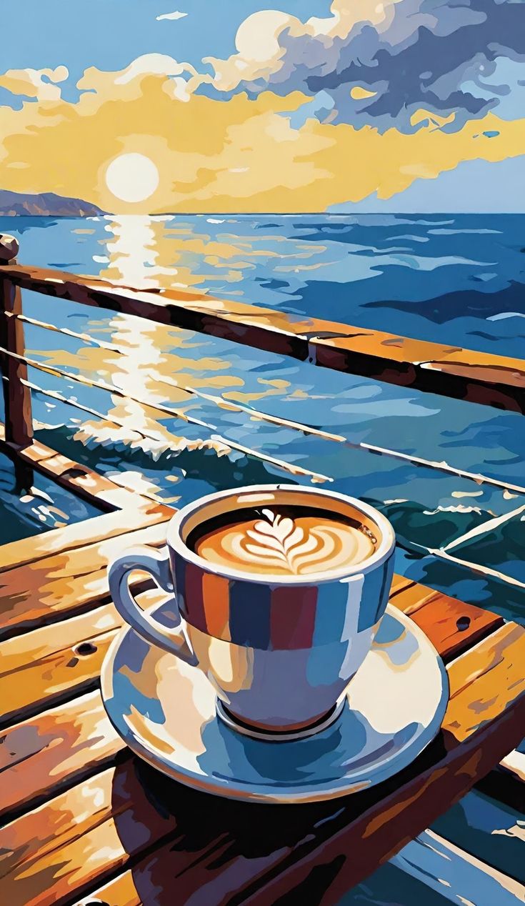 צביעה לפי מספרים – כוס קפה מפנקת מול זריחה