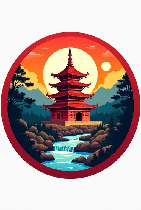 צביעה לפי מספרים - ציור פגודה עם שמש עגולה