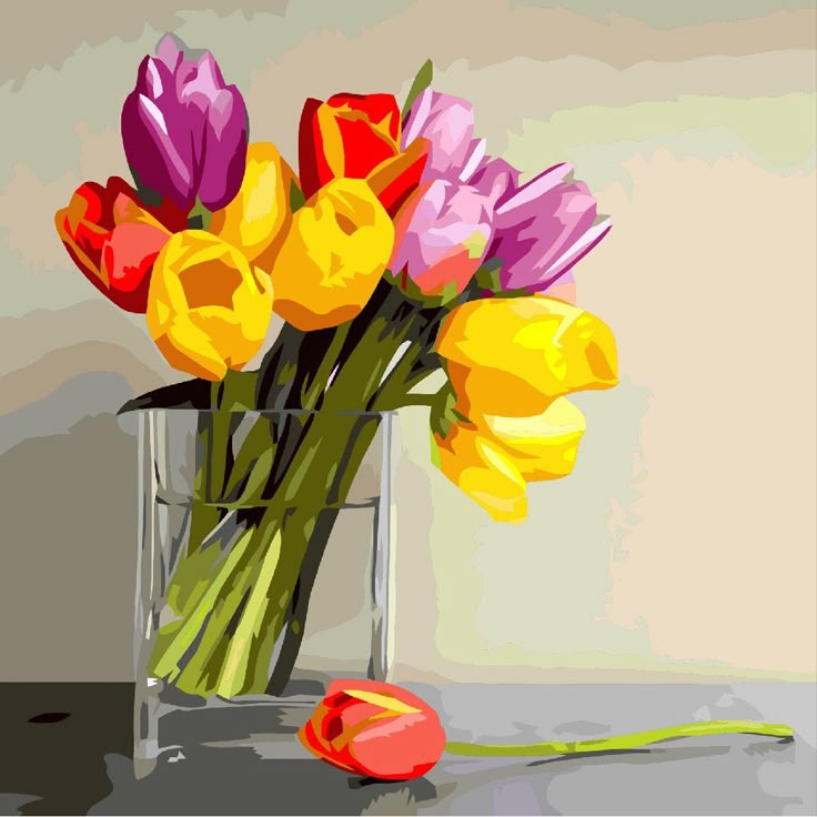 צביעה לפי מספרים - ציור צבעוני של טוליפים