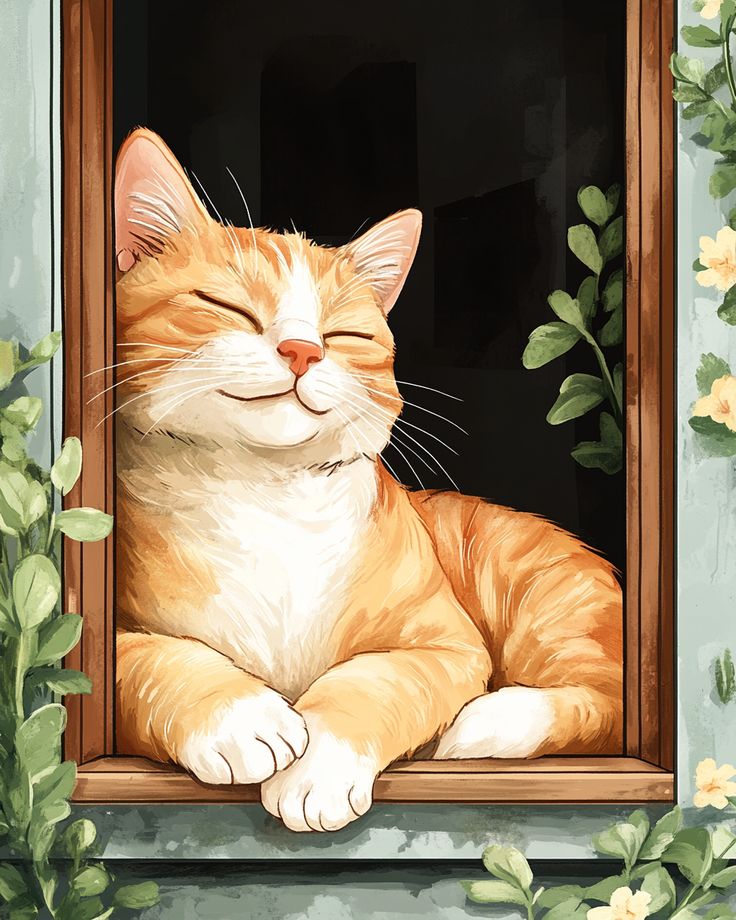 צביעה לפי מספרים - ציור שמחת חתול במרפסת