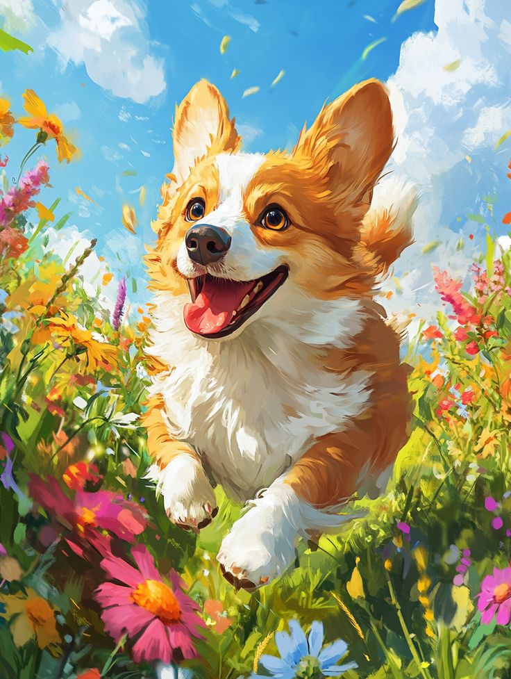 צביעה לפי מספרים - ציור כלב בפריחה