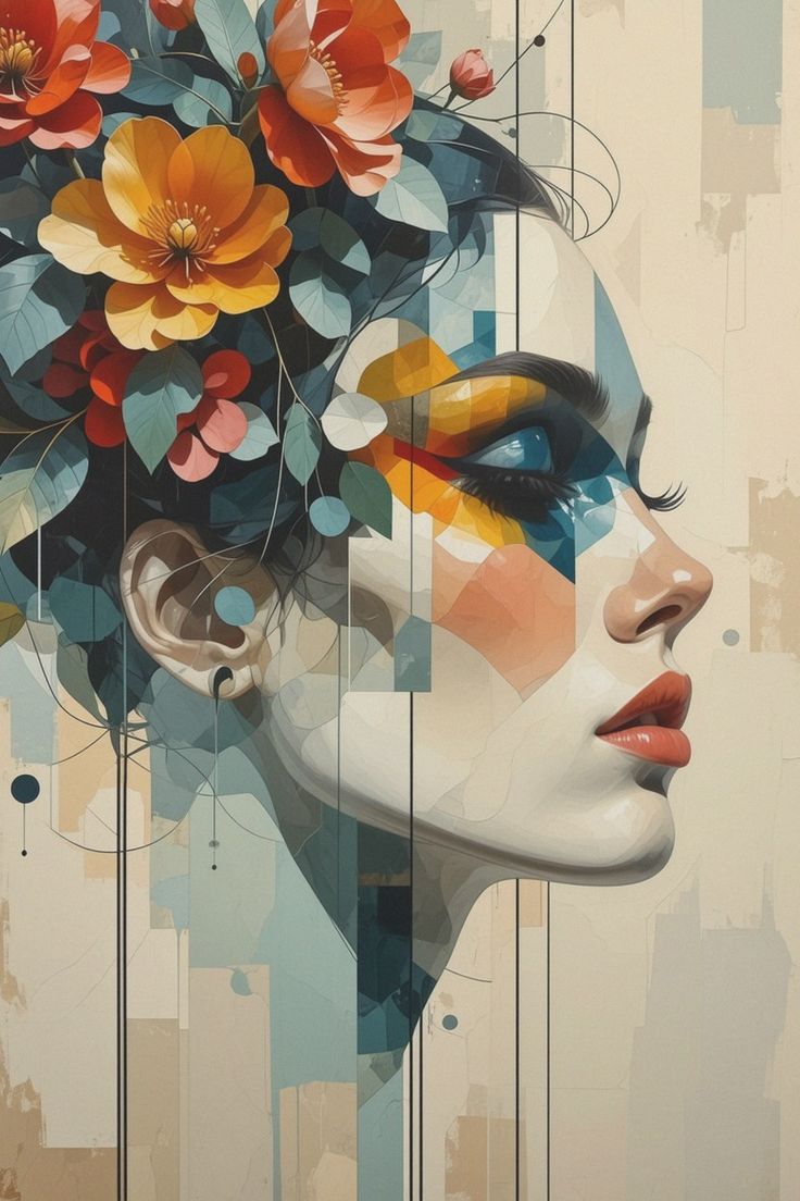 צביעה לפי מספרים - ציור פרופיל נשי עם פרחים גיאומטריים