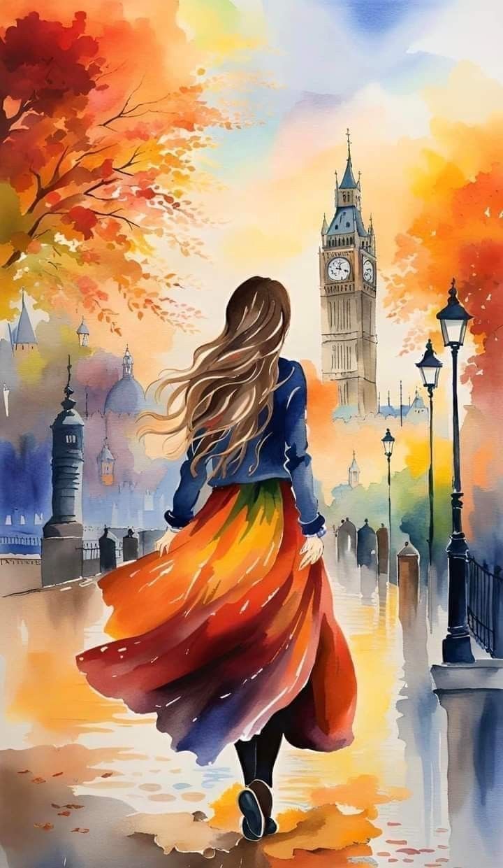צביעה לפי מספרים – ציור אישה מטיילת בסתיו בלונדון