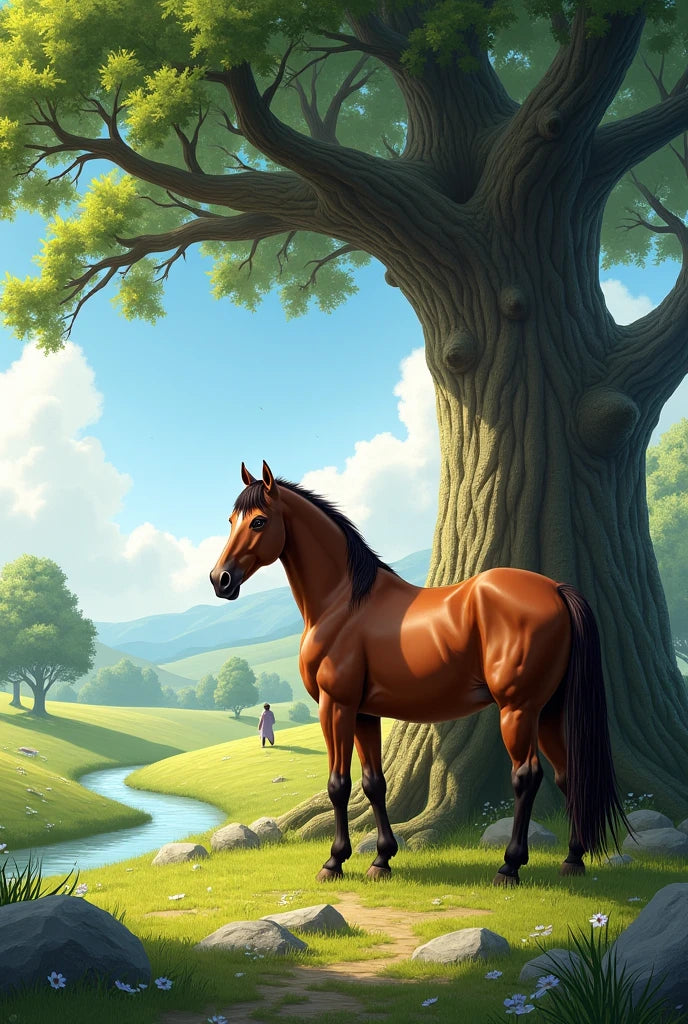 צביעה לפי מספרים - ציור סוס ליד עץ עתיק